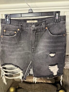 Free People We The Free Black Distressed Denim Mini Skirt Size 24